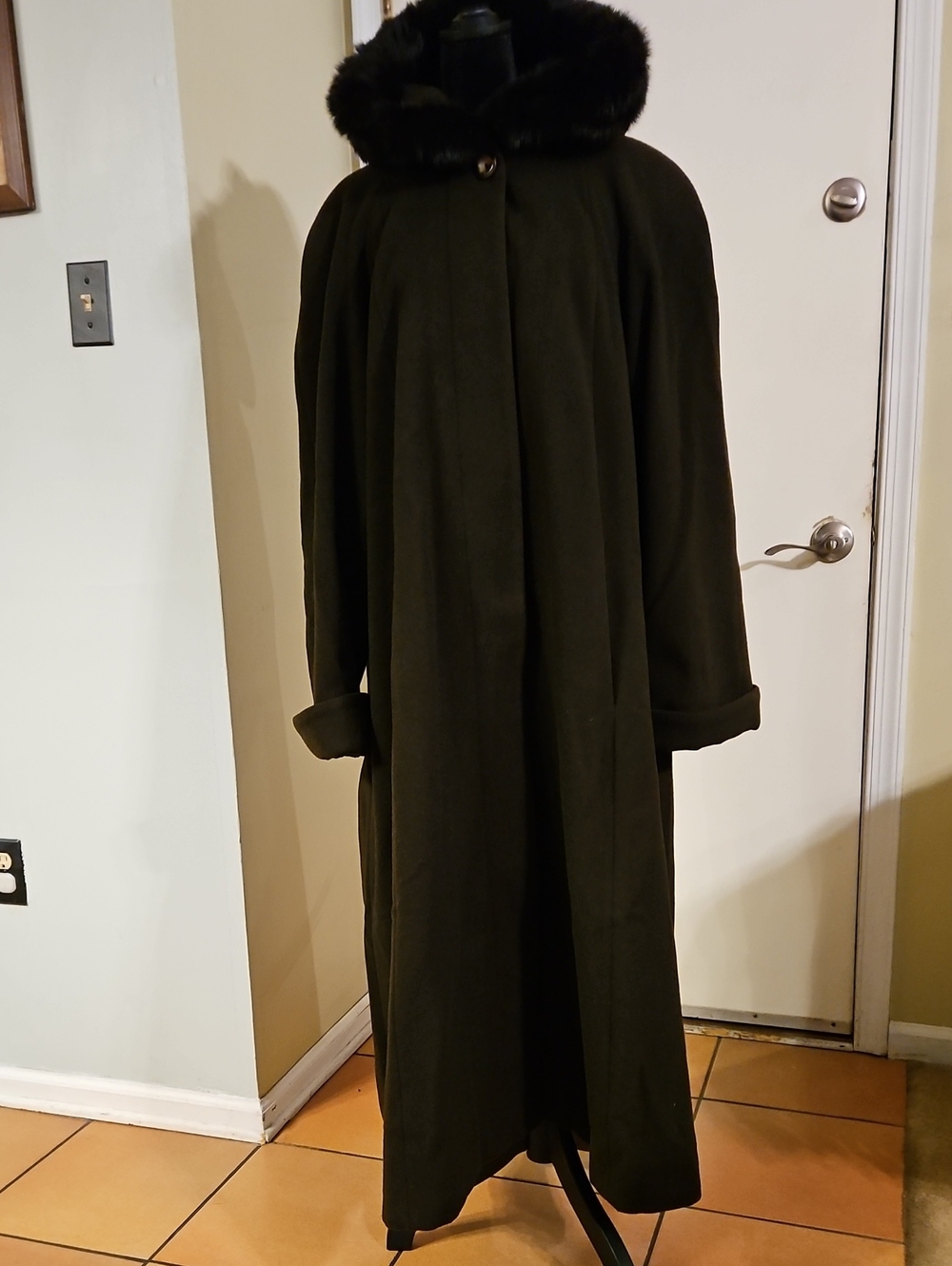 VTG Donnybrook Heavy Wool Coat Genuine Rabbit Fur Hooded Maxi Brown 16